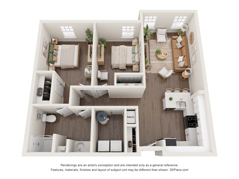 Floor plan for 2 beds, 1 bath, 1003 sqft